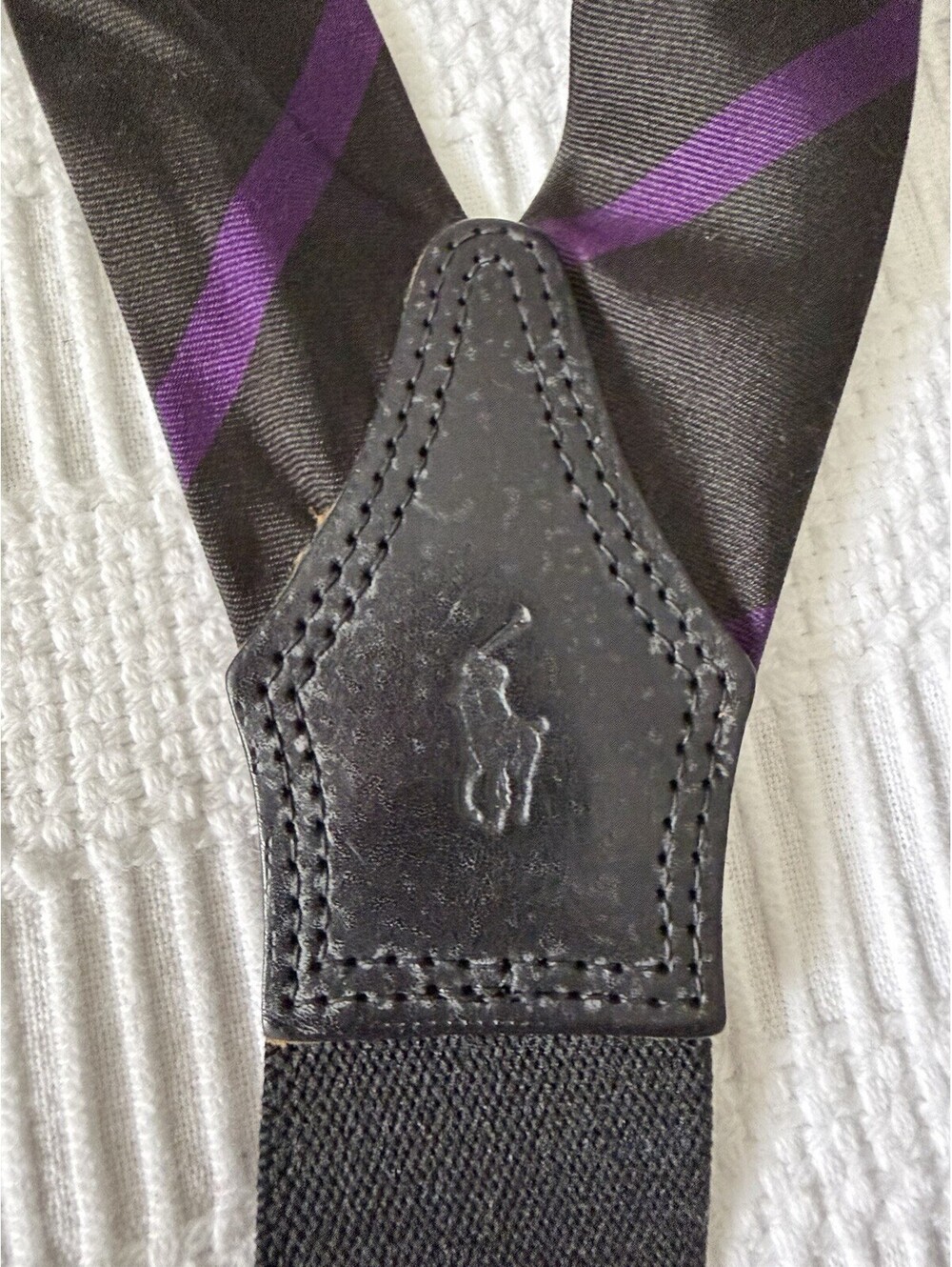 Polo Ralph Lauren Silk Suspenders Braces USA Black Purple Stripe Cord Runner End - Picture 6 of 7